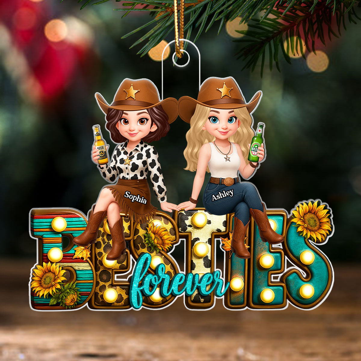 Western Besties Sitting Personalized Acrylic Ornament, Fall Gift for Best Friends