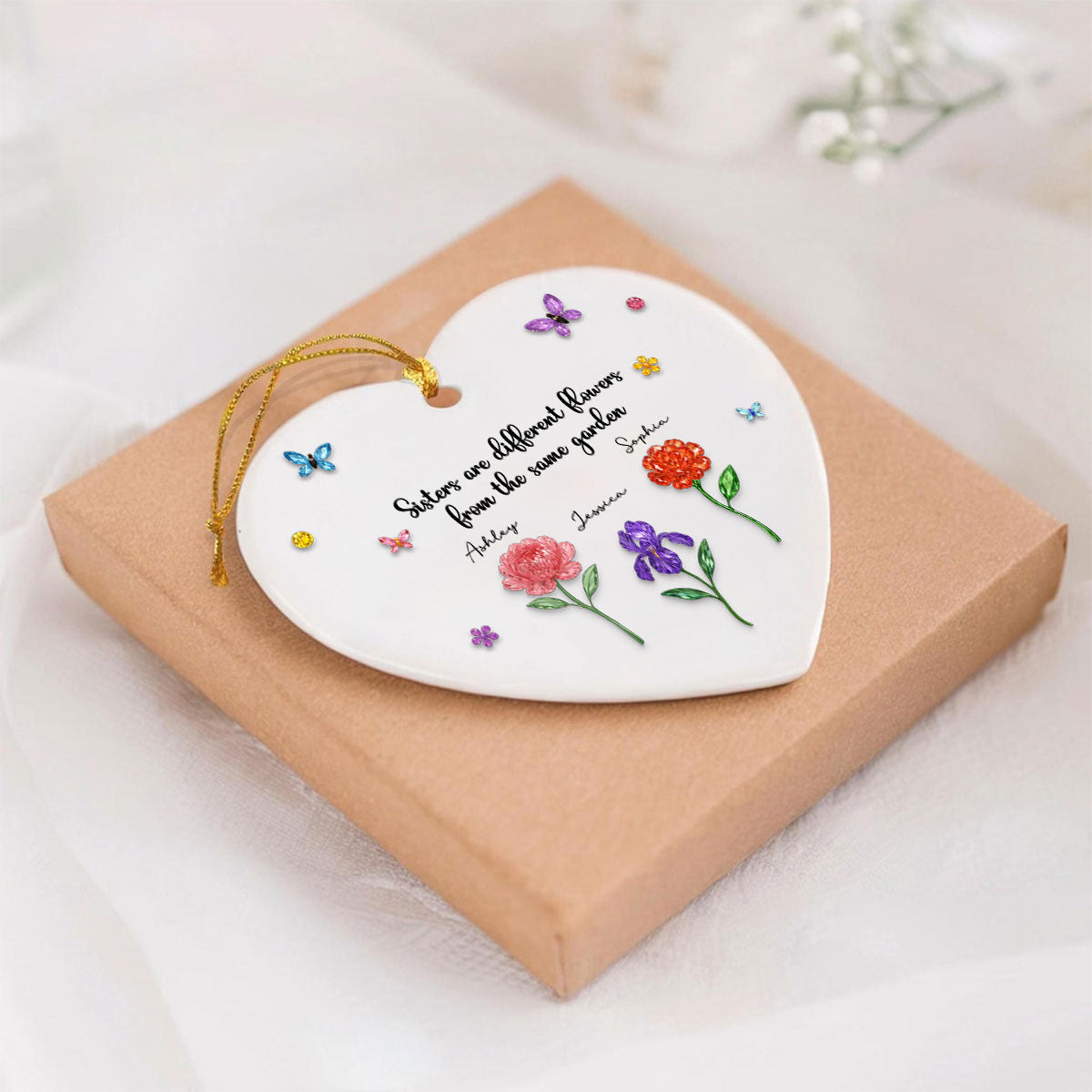 Sisters Are Different Flowers from the Same Garden - Personalized Ceramic Ornament - 3D Crystal Effect, Thoughtful Christmas Gift for Sisters