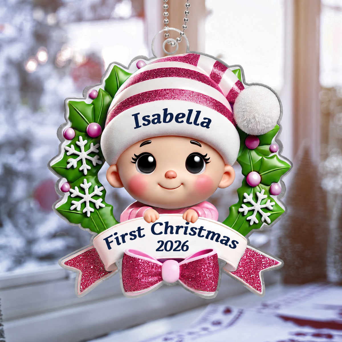 Baby's First Christmas Personalized Custom Shaped Acrylic Ornament, Baby In Christmas Wreath, Christmas in July