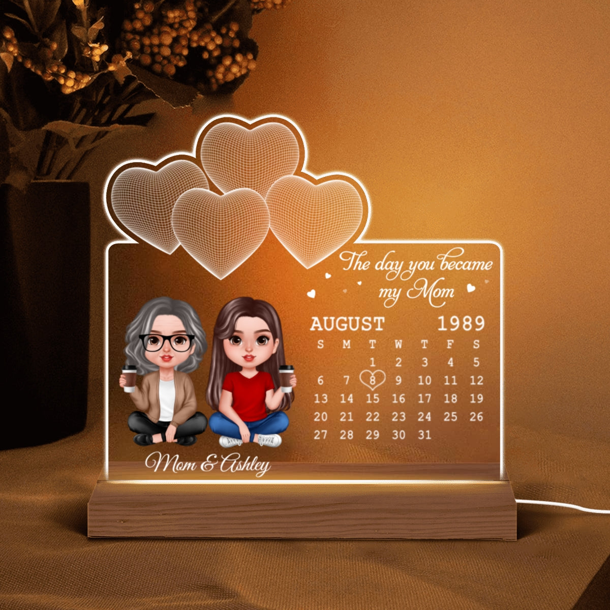 Realistic Doll Mother Daughter Under 3D Heart Personalized Custom Shape LED Night Light