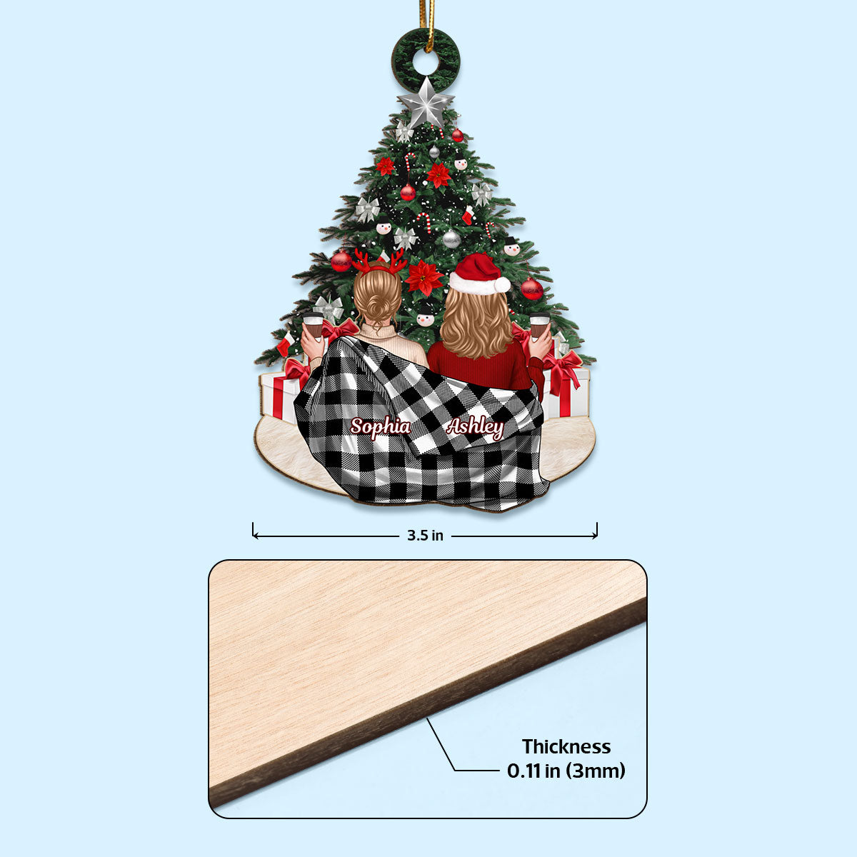 Besties Sisters Sitting In Blanket Christmas Tree Personalized Wooden Ornament