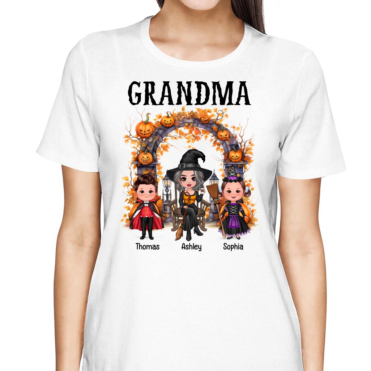 Halloween Grandma Grandkids Pumpkins At Cemetery Personalized Shirt
