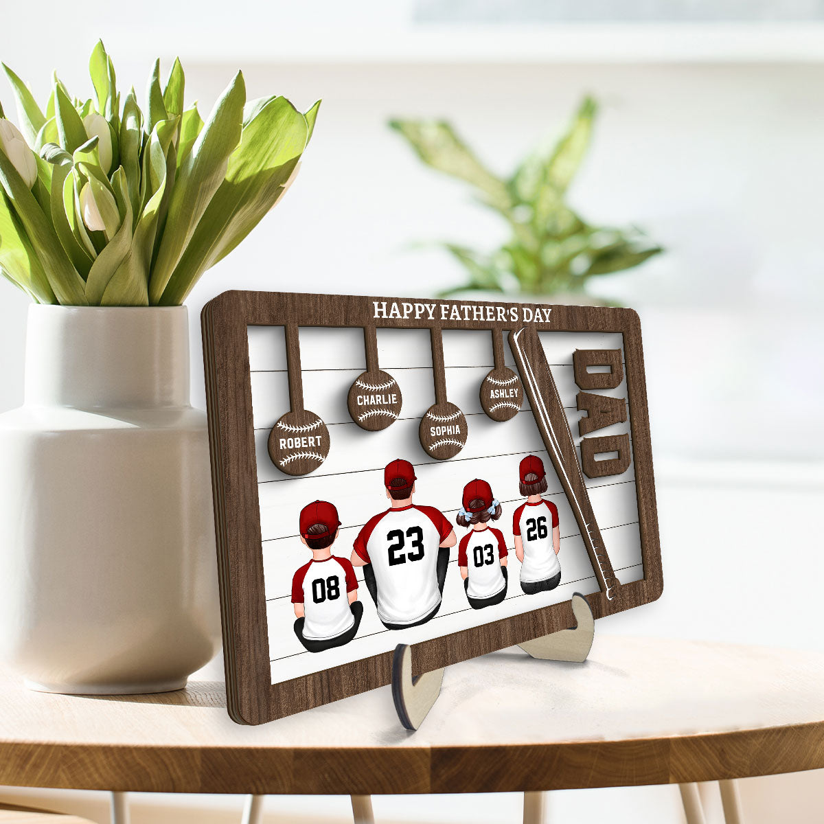 Baseball Dad And Kids Sitting Back View Personalized 2-Layer Wooden Plaque