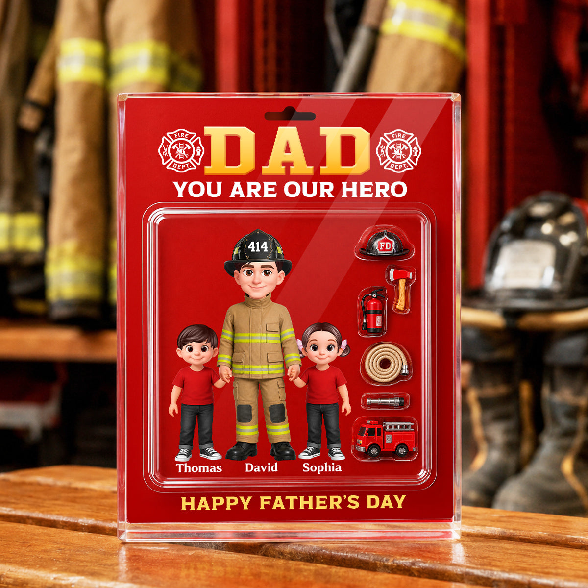 Proud Firefighter Dad You Are Our Hero Custom Figure Style - Personalized Acrylic Block Plaque - Father's Day Gift For Dad, Husband