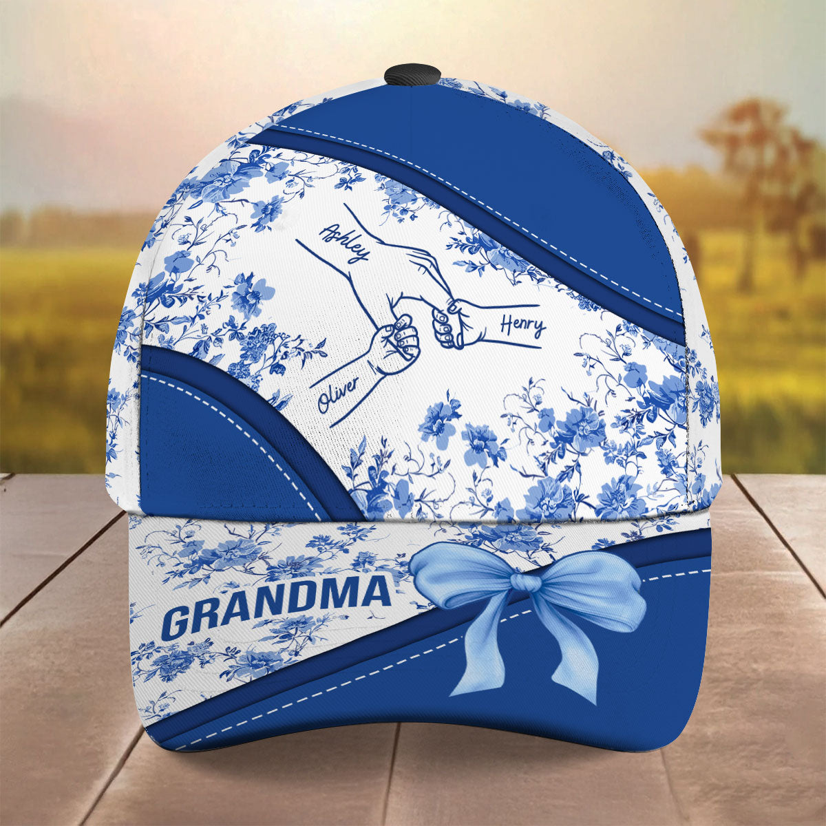 Grandma Mom Kids Holding Hands Bow Coquette Chinoiserie Personalized Classic Cap, Mother's Day gift