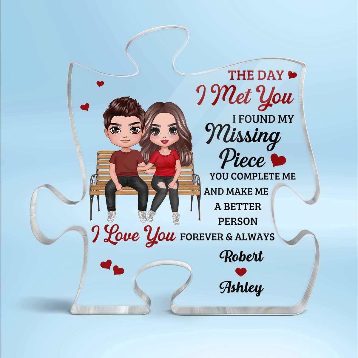 Couple Sitting On Bench Found My Missing Piece Personalized Puzzle Acrylic Plaque - Gift For Him Gift For Her