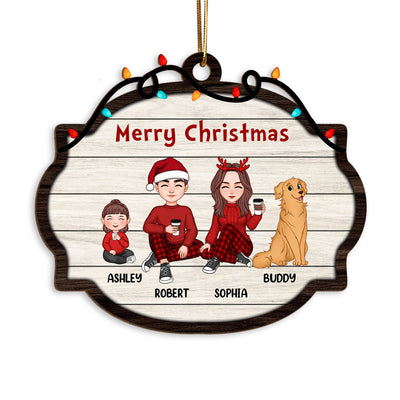 Cute Family Dad Mom Kids Dogs Cats Sitting Christmas Light String Personalized Wooden Ornament