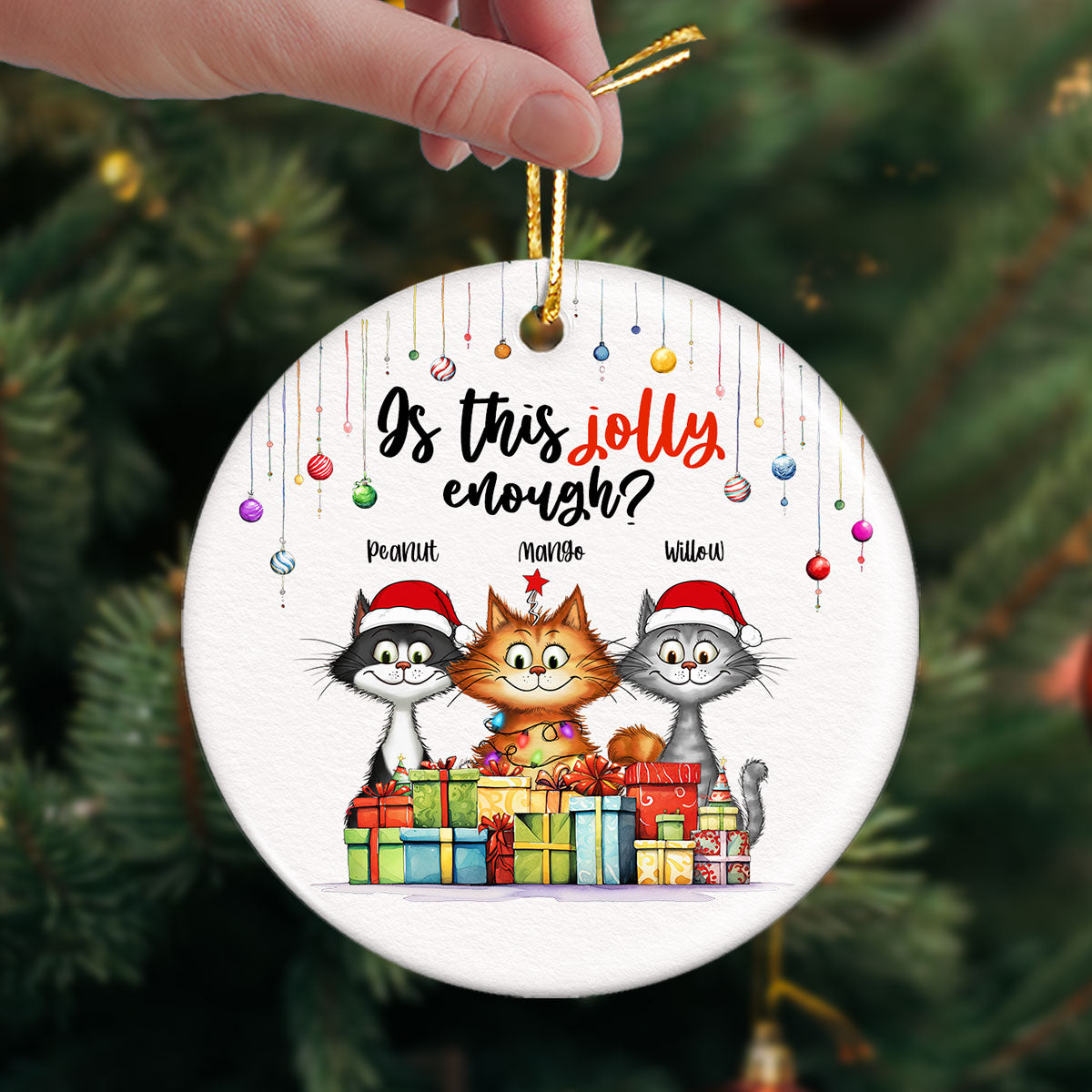 Is This Jolly Enough Quirky Whimsical Christmas Cats Personalized Circle Ceramic Ornament
