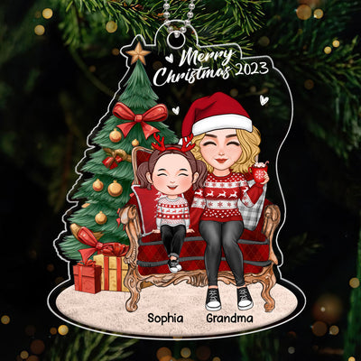 Grandma Grandkid Sitting On Chair By Christmas Tree Personalized Acrylic Ornament