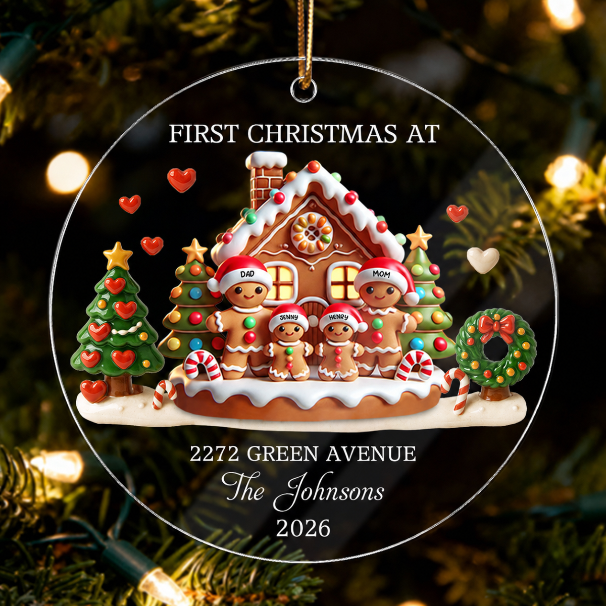 First Christmas New Home 3D Effect Gingerbread Family House - Personalized Acrylic Ornament