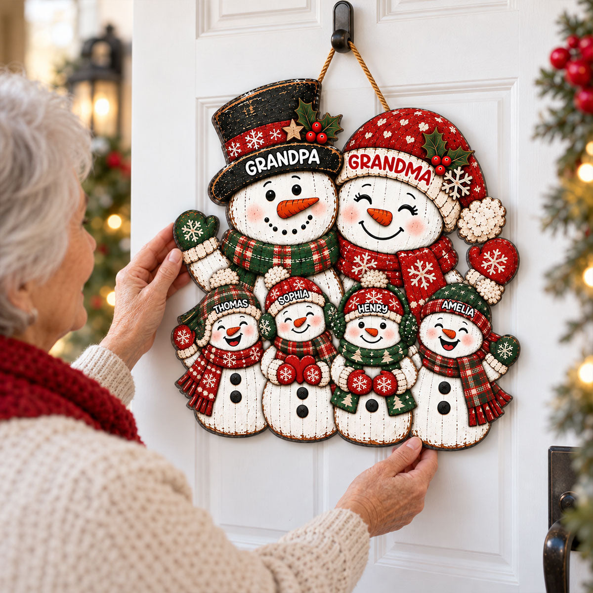 Festive Snowman Grandpa Grandma Grandkids - Personalized Wood Sign - Christmas Decor For Grandparents