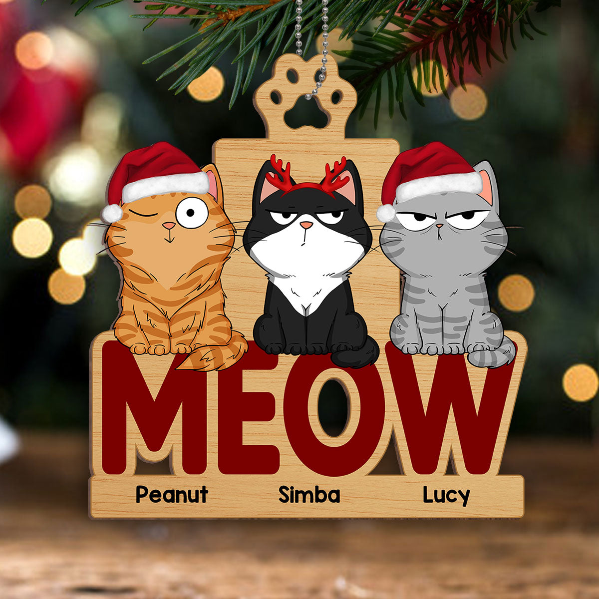 Funny Cat Expressions Sitting Personalized Wooden Ornament