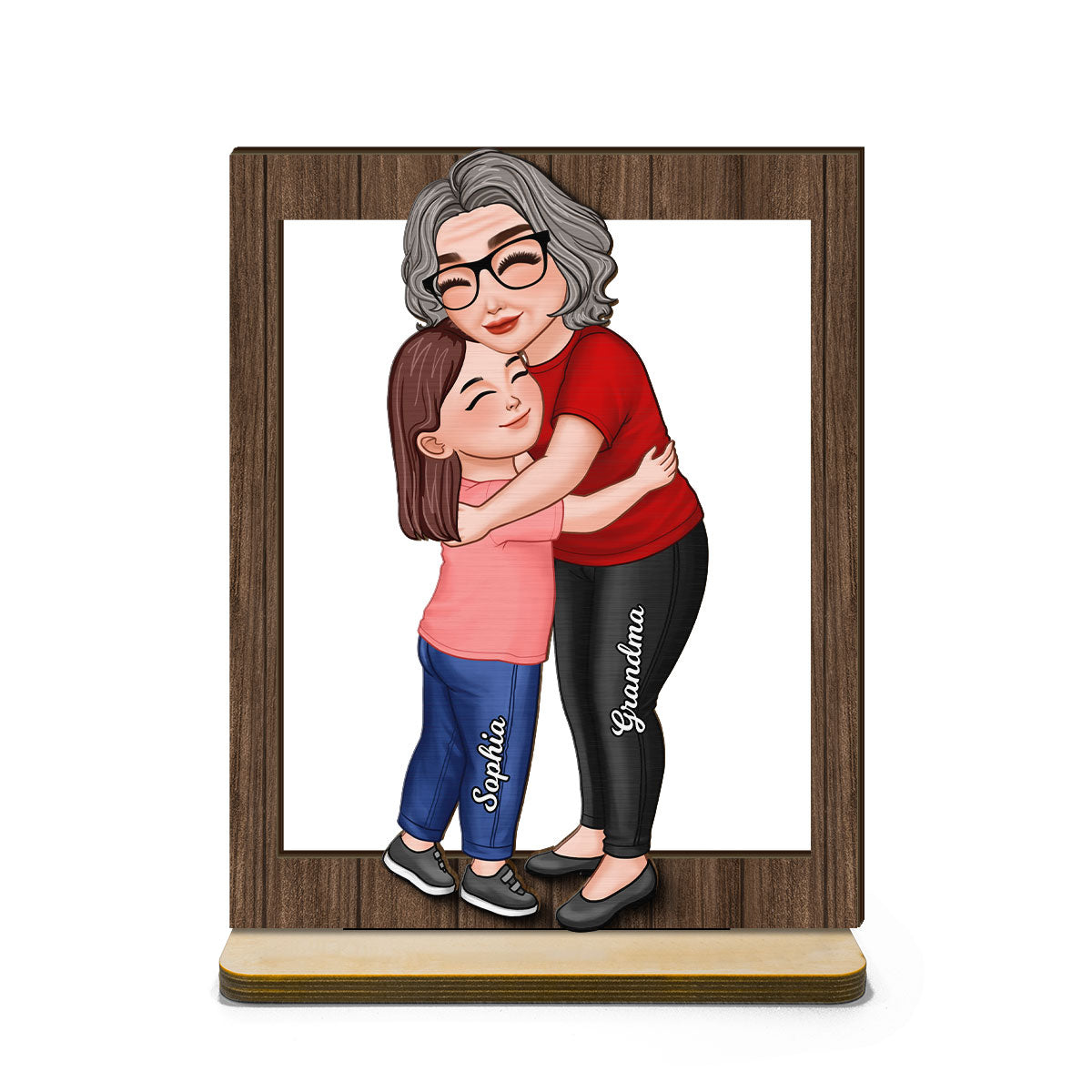Grandma & Grandkid Hugging Frame Personalized 2-Layer Standing Wooden Plaque