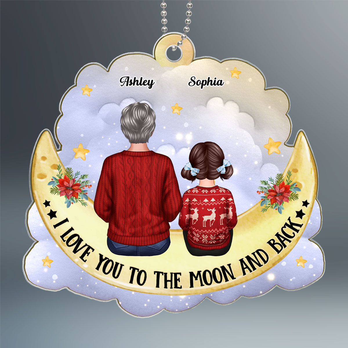 Grandma And Grandkids Back View Cute Moon Cloud Personalized Acrylic Ornament