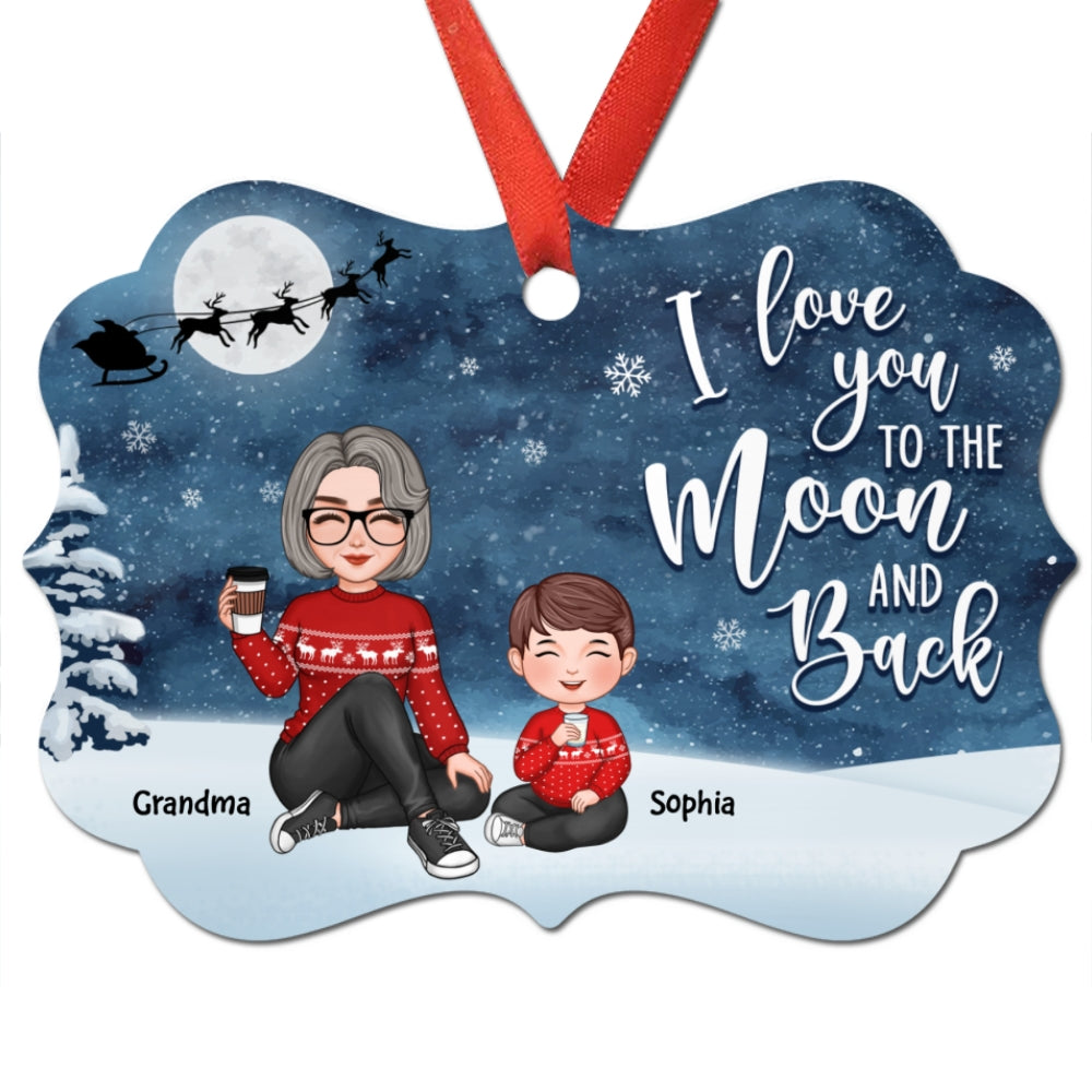 Cute Grandma Grandkids Sitting In Snow Night Personalized Christmas Ornament