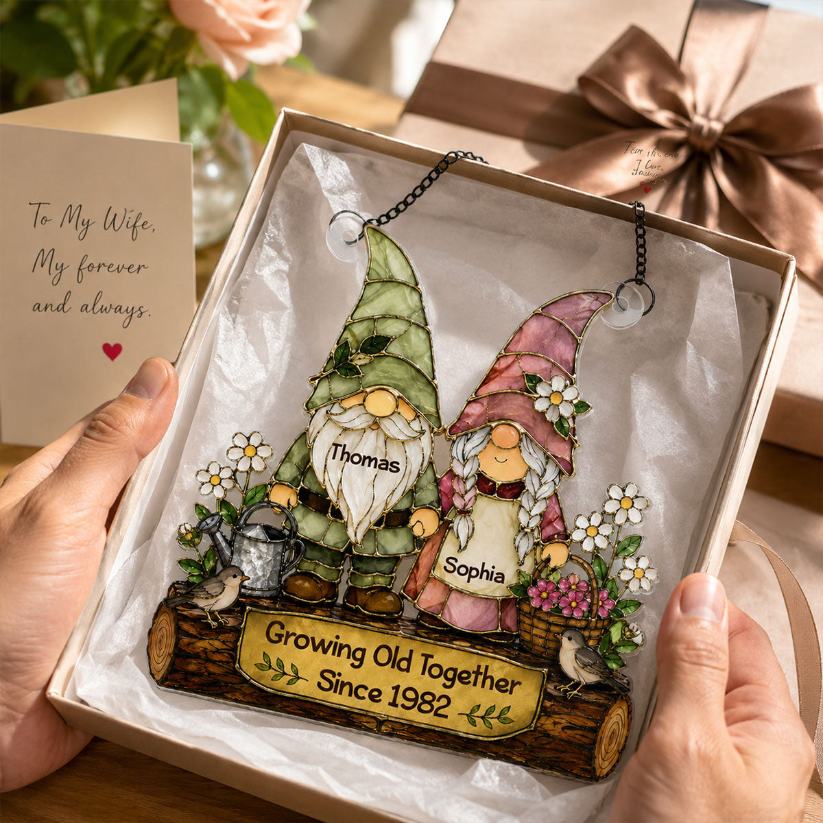 Gnome Couple Growing Old Together 2D Printed - Personalized Acrylic Window Hanger - Gift For Couples
