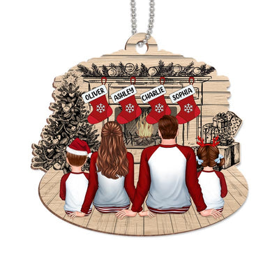 Pajamas Family Stocking Fireplace Sketch Personalized Wooden Ornament