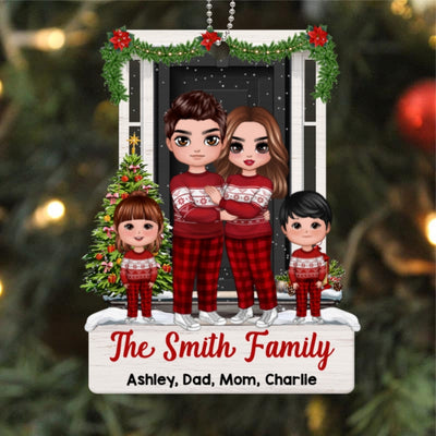 Doll Family Standing At Front Door Christmas Personalized Wooden Ornament