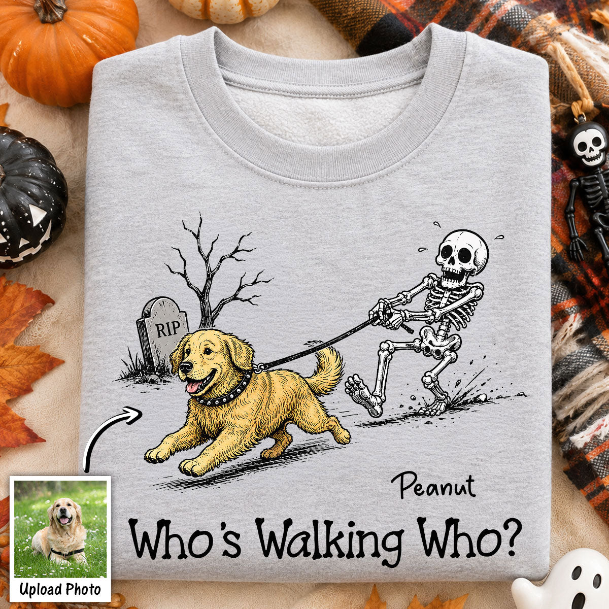 Funny Halloween Dog Who's Walking Who - Personalized Shirt - Upload Photo - Gift For Dog Lovers