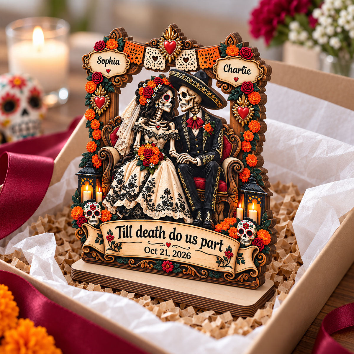Skeleton Couple Till Death Do Us Part 2D Flat - Personalized 2-Layered Wooden Plaque - Skull Decor Wedding Gift for Couple, Gothic Home Decor, Dia de los Muertos, Day of the Dead Gift