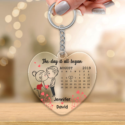 Kissing Chibi Outline Couple Calendar Personalized Acrylic Key Chain - Gift For Him Gift For Her