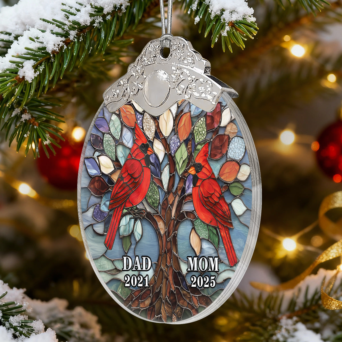Tree Of Life Cardinals Mom Dad Mosaic Effect - Personalized Glass Ornament With Silver Cap - Christmas Memorial Keepsake For Family
