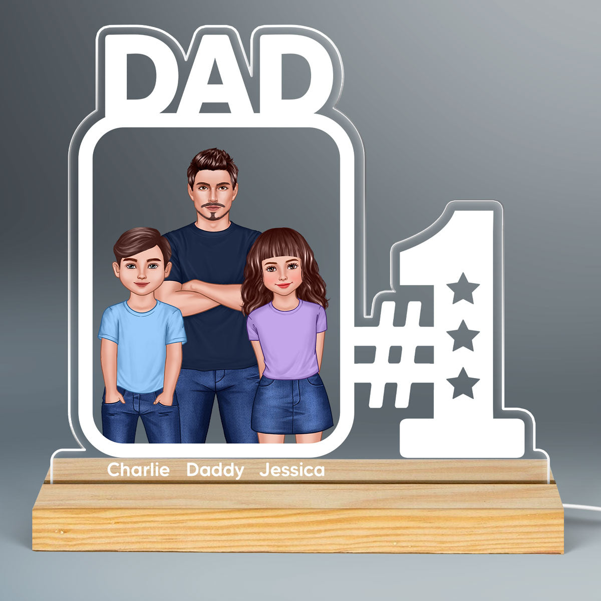 No 1 Dad And Kids Standing Personalized Custom Shape Warm LED Night Light