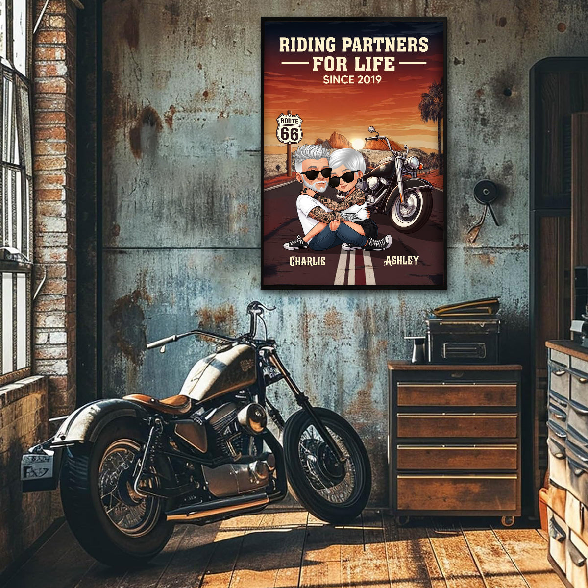 Old Biker Couple Riding Partners for Life Personalized Poster, Gift for him, Gift for her