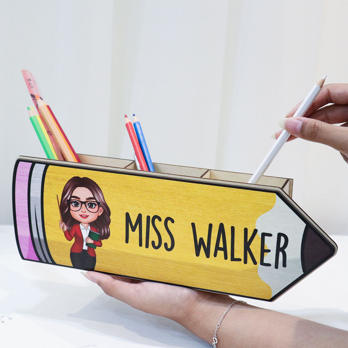 Happy Doll Teacher Personalized Wooden Pen Pencil Holder, Back To School Gift