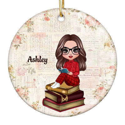 Reading Girl Sitting On Books Personalized Circle Ornament
