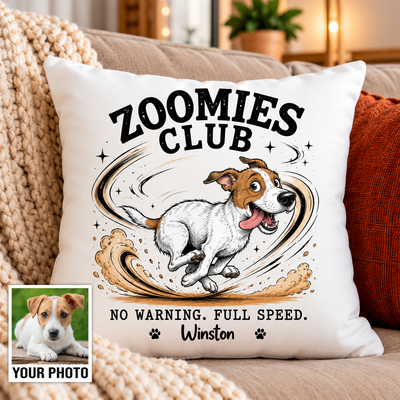 Zoomies Club Official Member Quirky Dog Portrait From Your Custom Pet Photo - Personalized Pillow - Funny Gift For Dog Cat Lover