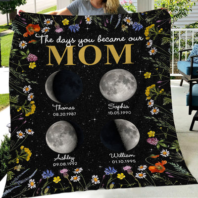 The Day You Became Mom Grandma Custom Birth Moon Phase Floral Personalized Fleece Blanket, Gift
