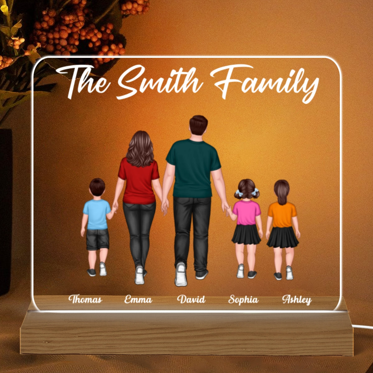Whole Back View Family Walking Couple Dad Mom Kids Dogs Cats Personalized Custom Shape Acrylic Plaque Warm LED Night Light