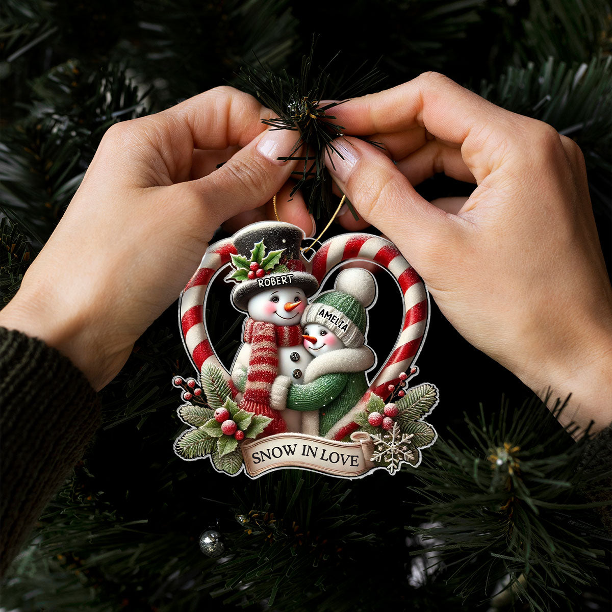 Snow in Love Couple Candy Cane Heart Personalized Acrylic Ornament, Unique Christmas Gift For Her, For Him, For The Couple