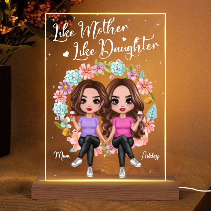 Doll Mom And Daughter Sitting On Floral Wreath Personalized Acrylic Plaque LED Night Light