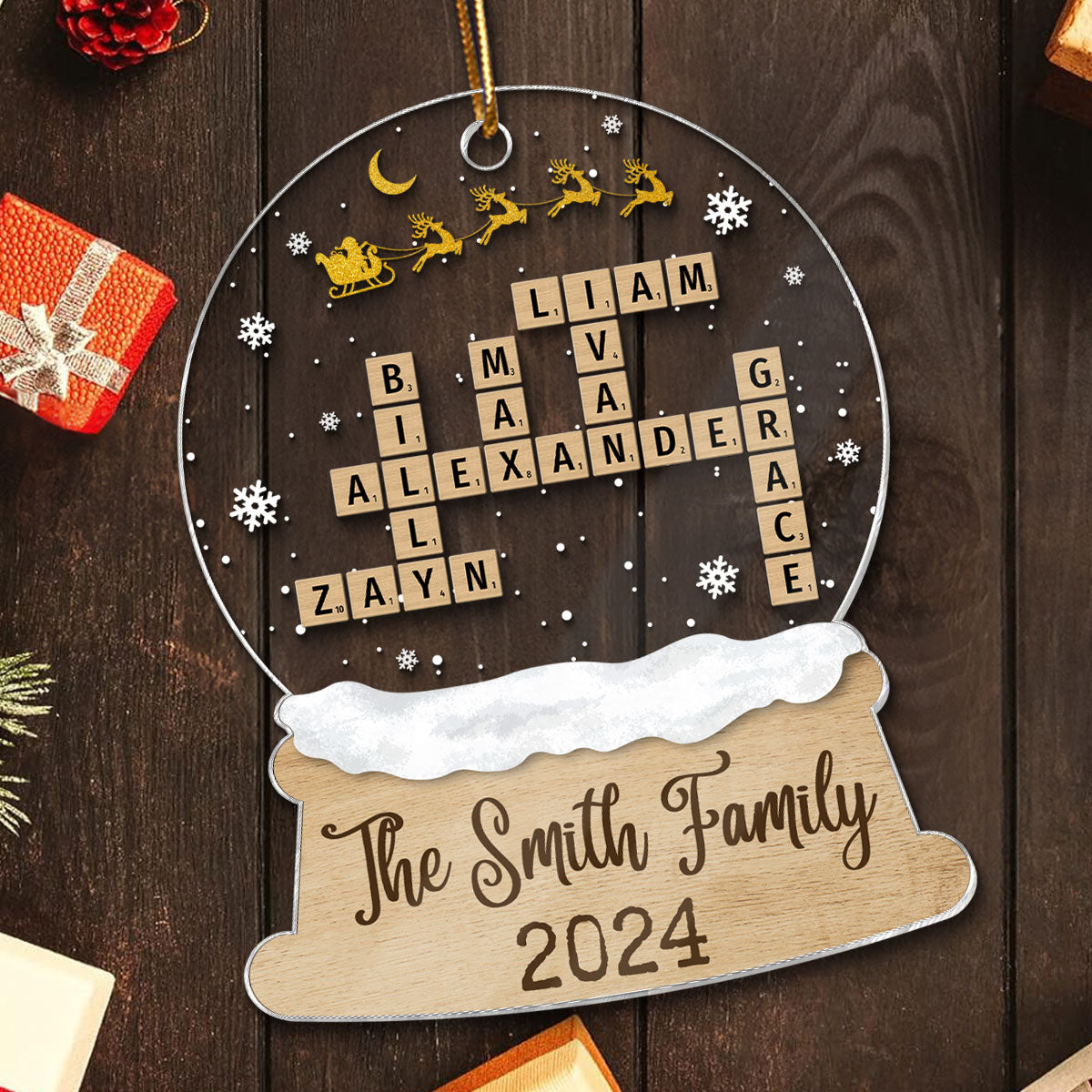 Snow Globe Christmas Sleigh Family Puzzle Crossword Personalized Acrylic Ornament, Christmas Gift For Family