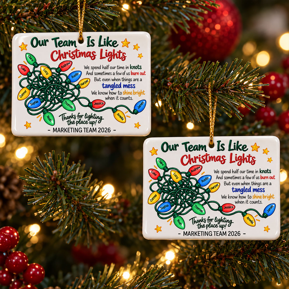 Our Team Is Like Christmas Lights - Personalized Ceramic Ornament - Coworkers, Colleagues Gift Exchange, Office Staff Appreciation Gift