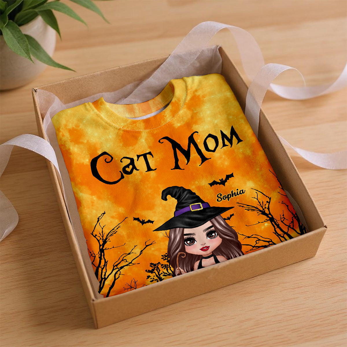 Witch Cat Mom Halloween Moon Light Bat Tree Personalized Shirt, Purrfect Costume for Cat Lover