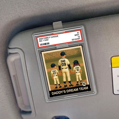 Baseball No. 1 Dad Man & Kids Trading Card Style Personalized Acrylic Car Visor Clip
