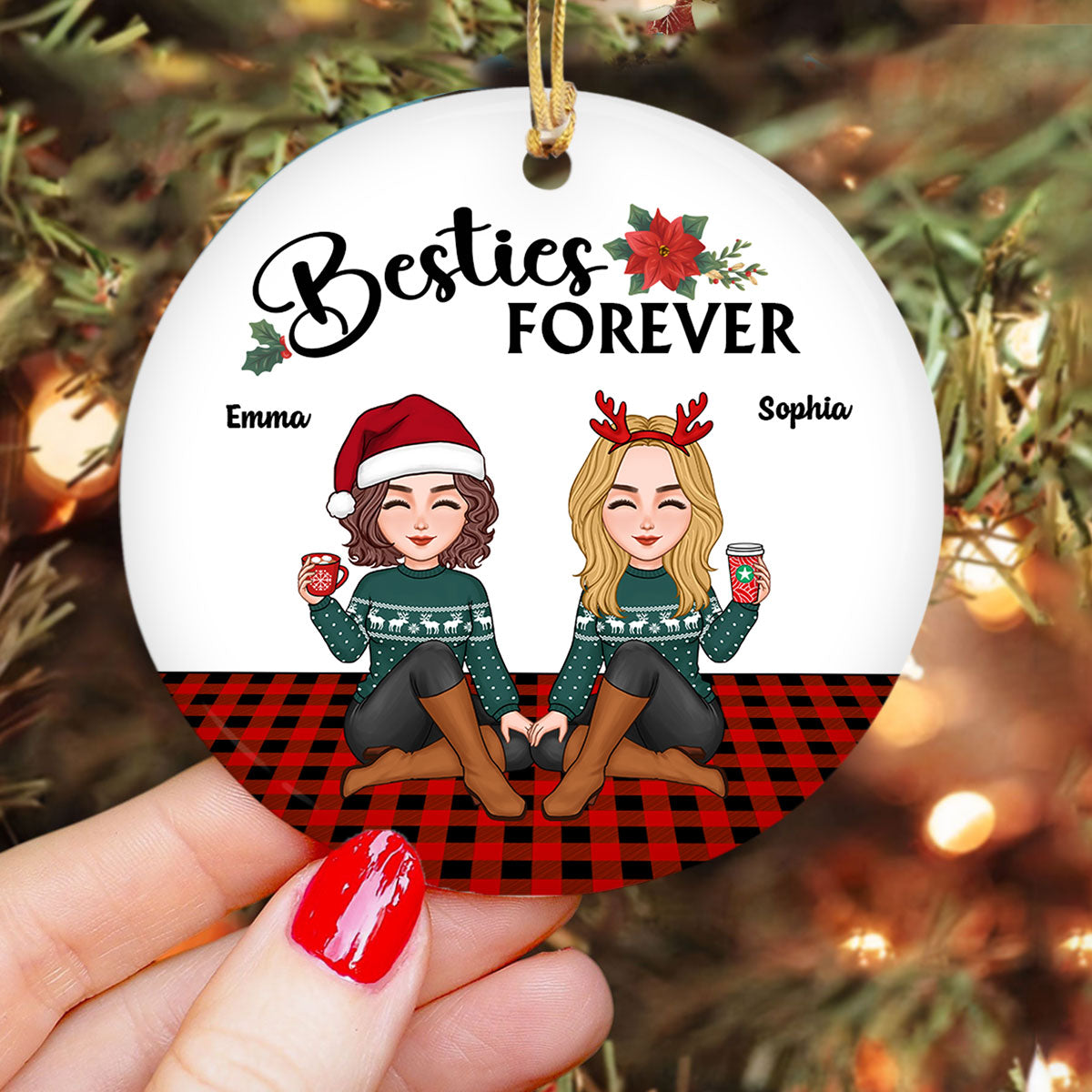 Cute Besties Sitting On Checkered Carpet Christmas Personalized Circle Ornament