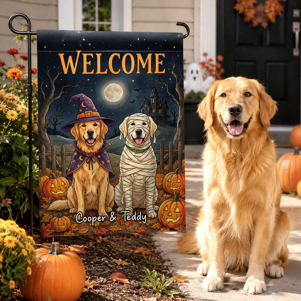 Vintage Dog Cat Halloween Night Photo Upload - Personalized Garden Flag - Halloween Gift For Dog Mom, Cat Mom