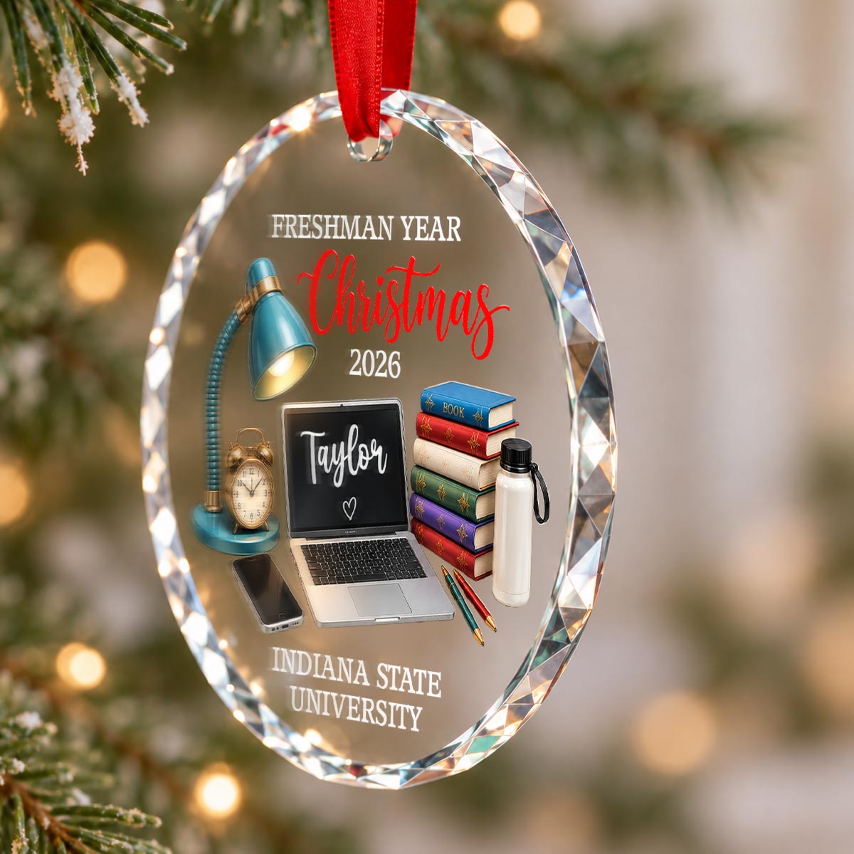 Freshman Year Christmas Study Desk – Personalized Glass Ornament – College Student Christmas Gift, First Year Keepsake