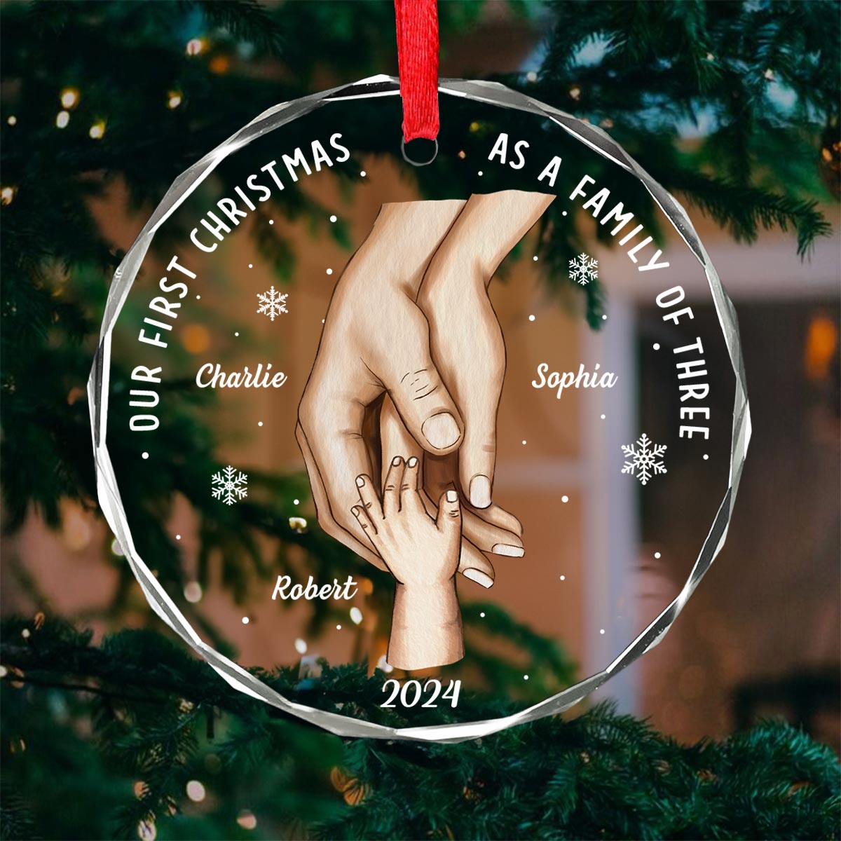First Christmas As Family Hands On Hands Personalized Glass Ornament