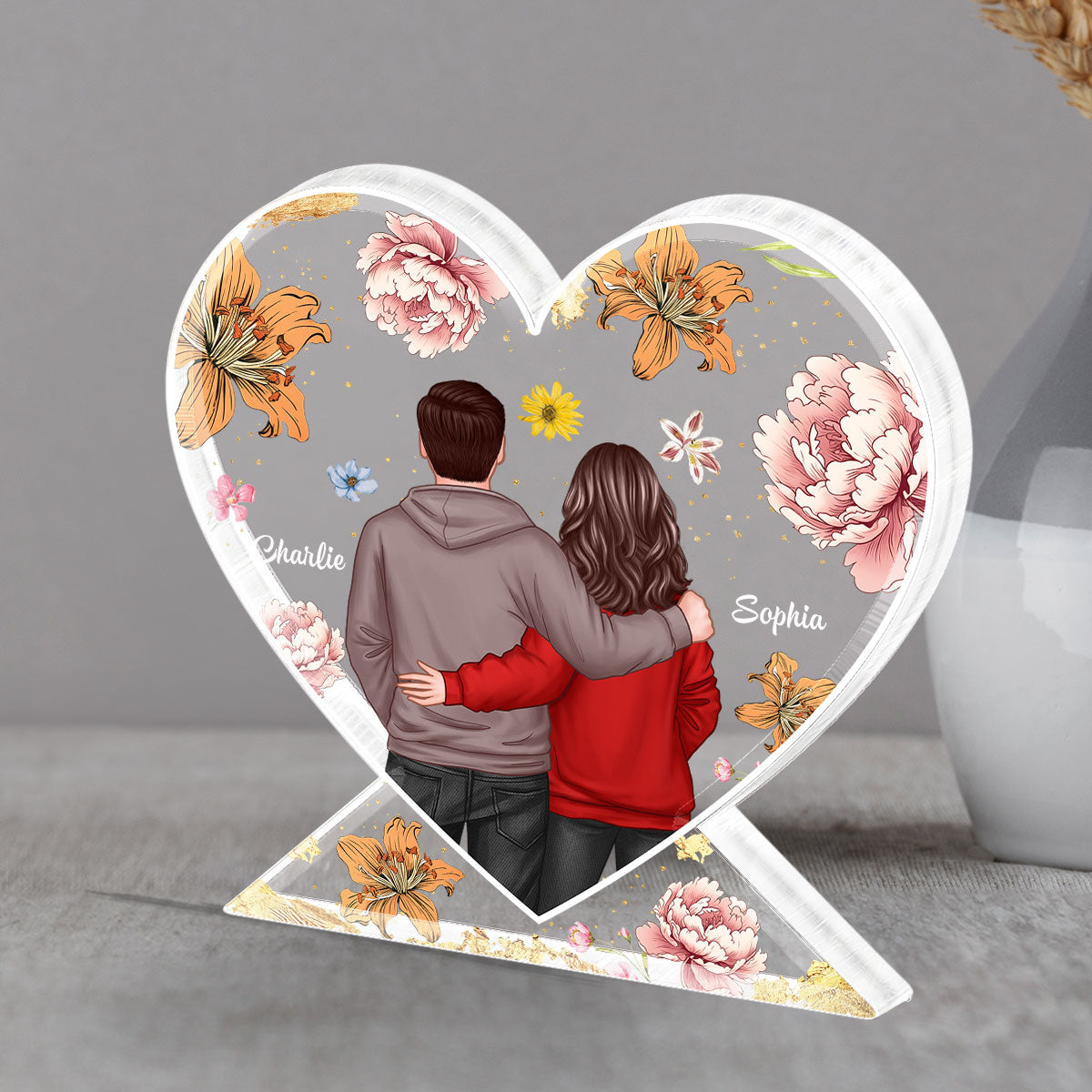 Couple Hugging Back View Birth Month Flower Personalized Acrylic Heart Block Plaque, Heartfelt 2025  Gift, Anniversary Gift For Girlfriend, For Wife