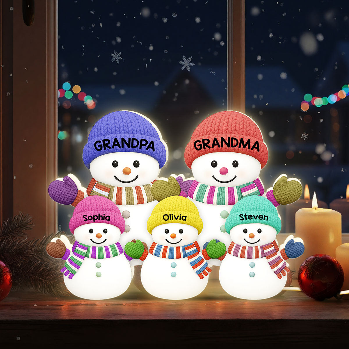 3D Effect Heartwarming Christmas Grandma Grandpa And Grandkids Snowman Together - Personalized Light Box - Christmas Decoration For Grandparents