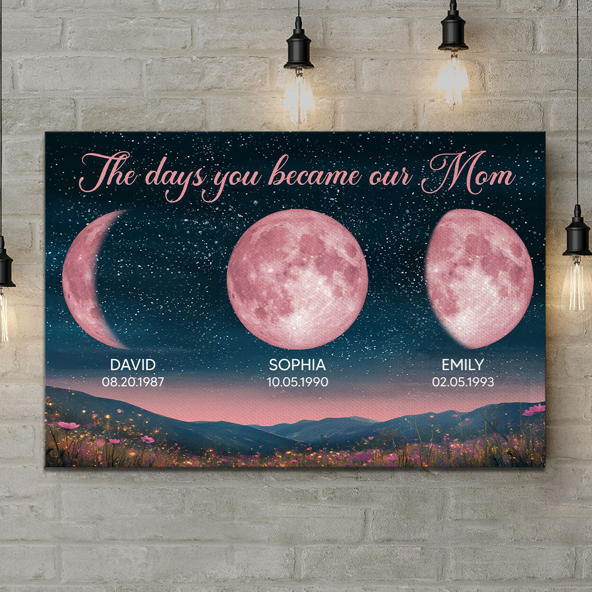 Pink Moon Phase Custom Birth Moon Beautiful Hill At Night Personalized Canvas, Gift