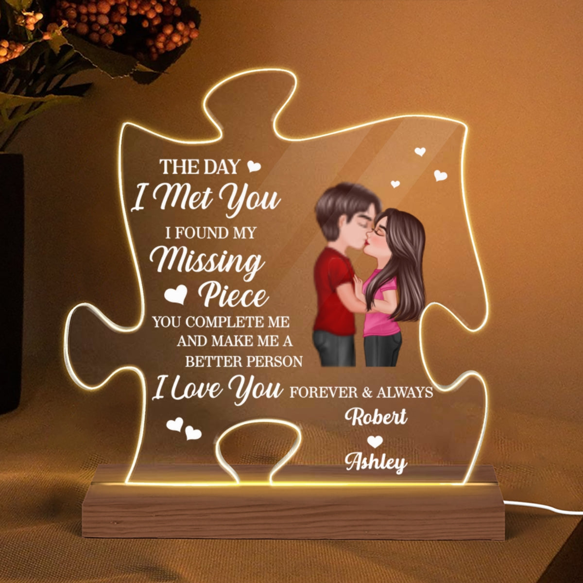 Doll Couple Kissing Found My Missing Piece Valentine‘s Day Anniversary Gift For Him For Her Personalized Custom Shape Acrylic Plaque LED Night Light