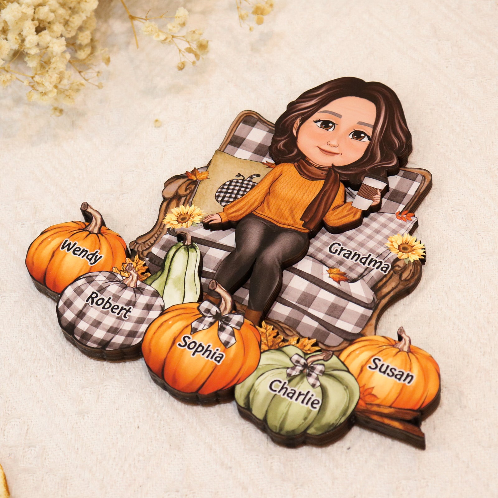 Grandma Sitting On Chair Pumpkins - Personalized 2-Layered Wooden Plaque