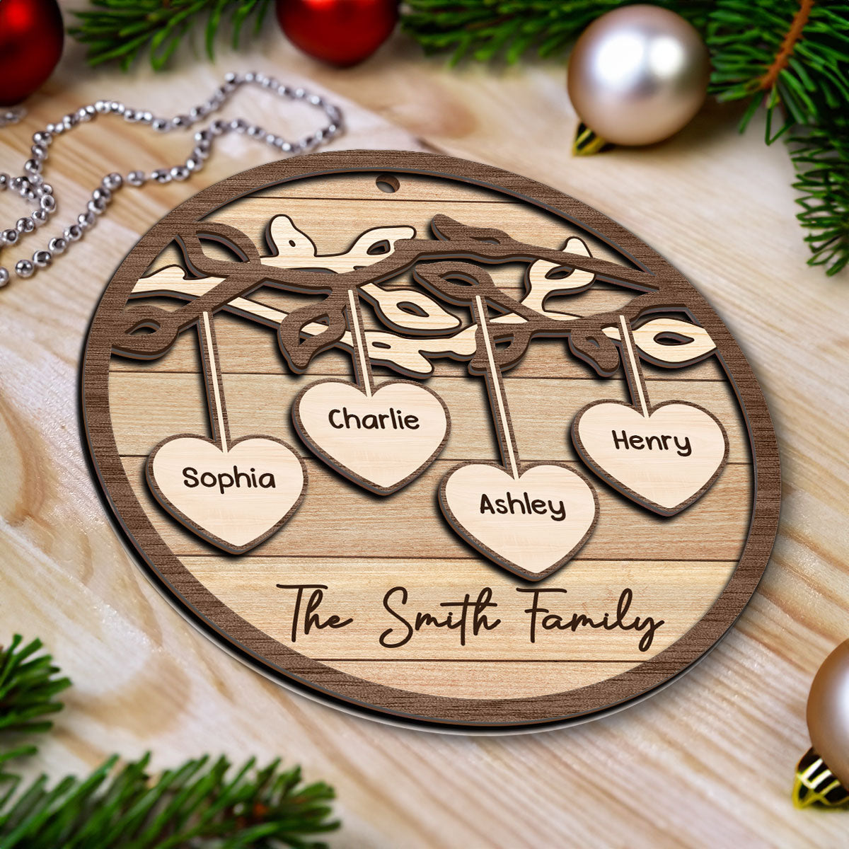 Family Tree Hanging Hearts Personalized 2-Layer Wooden Ornament, Christmas Gift For Family