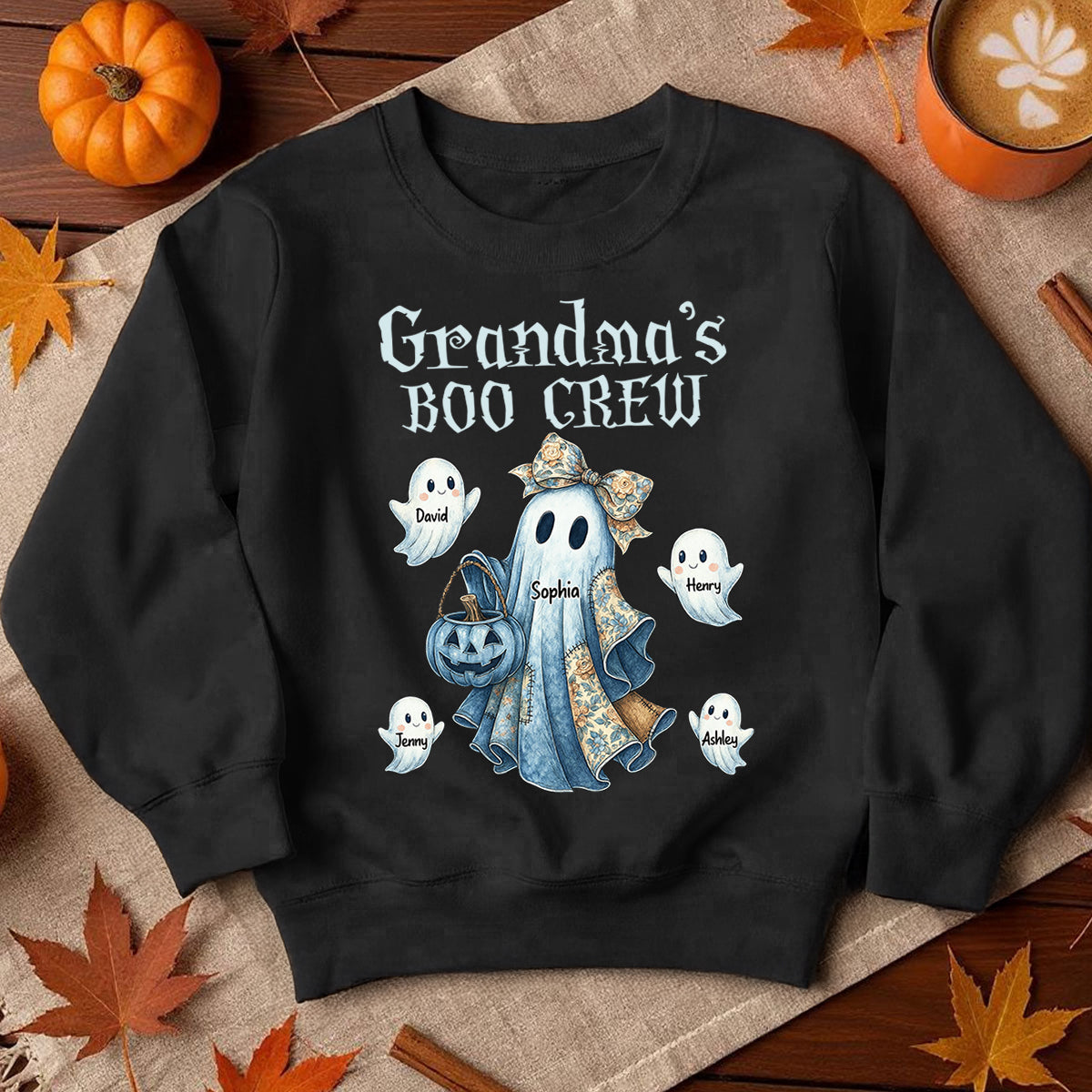Grandma's Boo Crew Retro Halloween Blue Denim Ghost Personalized Sweatshirt, Spooky Sweatshirt for Grandma, Mom